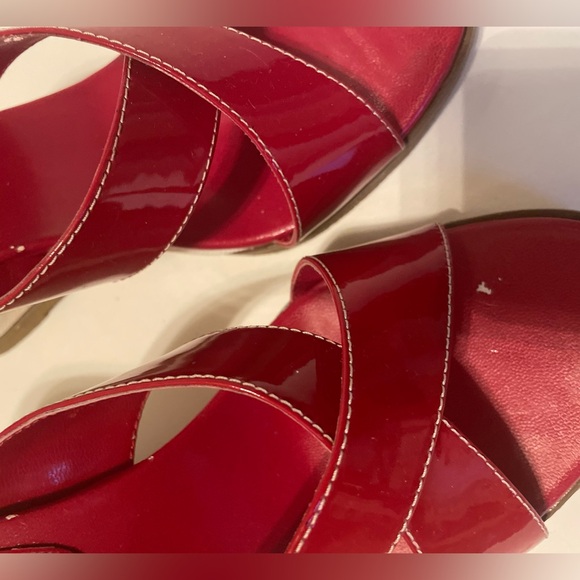 Vintage Ralph Lauren Virginia Monogram Wedge Slip on Opened-toe Red Sz 7 1/2 - Picture 2 of 14